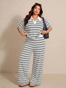 Elaquor Plus Size Summer Casual Striped Top And Pants 2 Pieces Set - Black and White - View 1