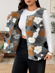 Weeklong Plus Size Sleeveless Round Neck Button-Up 3D Floral Slimming Fashion Casual Elegant Commuter Outing Jacket For Women - Multicolor - View 7