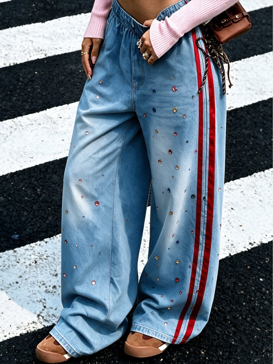 SHEIN Tween Girls' Fashion Denim Effect Print Sweatpants Long Pants, Suitable For Daily Casual Outings And Various Occasions, Autumn/Winter Long Pants - Blue - View 1