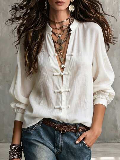 SHEIN Autumn Holiday Style Stand Collar Long Sleeve Front Button Shirt Blouse, Solid Color Loose Fit Vacation Casual Everyday Outing Cotton Top, Single-Breasted Chinese Frog Button Elegant Shirt