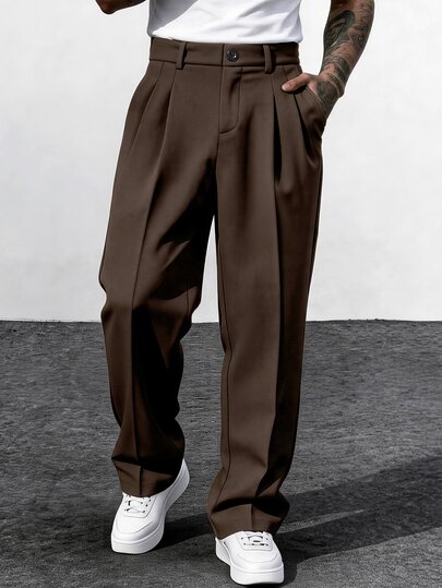 Manfinity Homme Men's Plus Size Brown Fashion Versatile Dress Pants