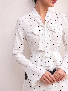 Graceveil Korean Style Polka Dot Print Lace Patchwork Bowknot Flared Sleeve Ruffle Blouse & Full Skirt 2 Pieces Set, Gentle And Elegant For Women - Multicolor - View 6