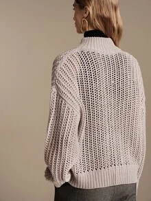 Anewsta Essential Autumn/Winter Elegant Lapel Zip-Up Hollow Stripe Vertical Hollow High-End Grey Knit Cardigan - Grey - View 2