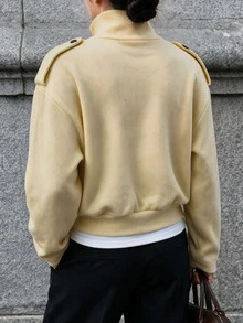 Struktiv Women's Autumn/Winter Single Piece Asymmetric Button High Neck Shoulder Patch Ribbed Knit Cardigan Short Loose Vintage Commute Layering Sweater Jacket - Yellow - View 2