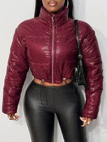 BamGleam Burgundy Animal Print Y2K Drawstring Hem Cropped Jacket - Burgundy - View 8