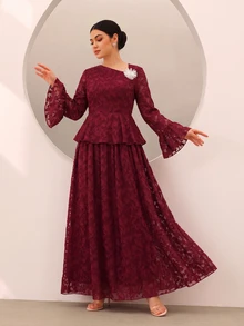 Graceveil Elegant 3D Floral Cut-Out Hem Flared Sleeve Cinched Waist Top And Full Skirt Set For Autumn/Winter Party - Red - View 3