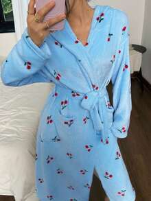 SHEIN 女款冬季毛絨櫻桃印花連帽睡袍 - 藍色 - 查看 5