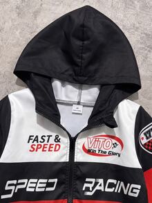 Young Boy Jacket Set, Boys Racing Theme 2 Pieces Set, Hooded Zip-Up Jacket + Jogger Pants. Red Black White Colorblock Patchwork, All-Over Racing Style Letter Print, Elastic Cuffs And Hem, Smooth Fabric, Motorcycle Style - Red - View 4