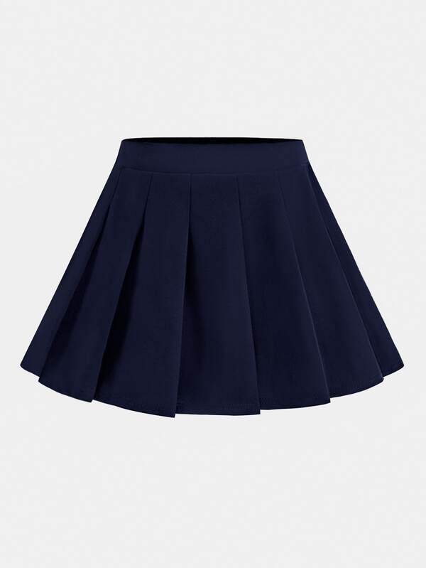 Girlism Teen Girls Skirts Elastic Slim Fit Versatile Navy Blue All-Match Pleated Skirt, Solid Color Side Zipper Pleated Casual Skirt, Back To School