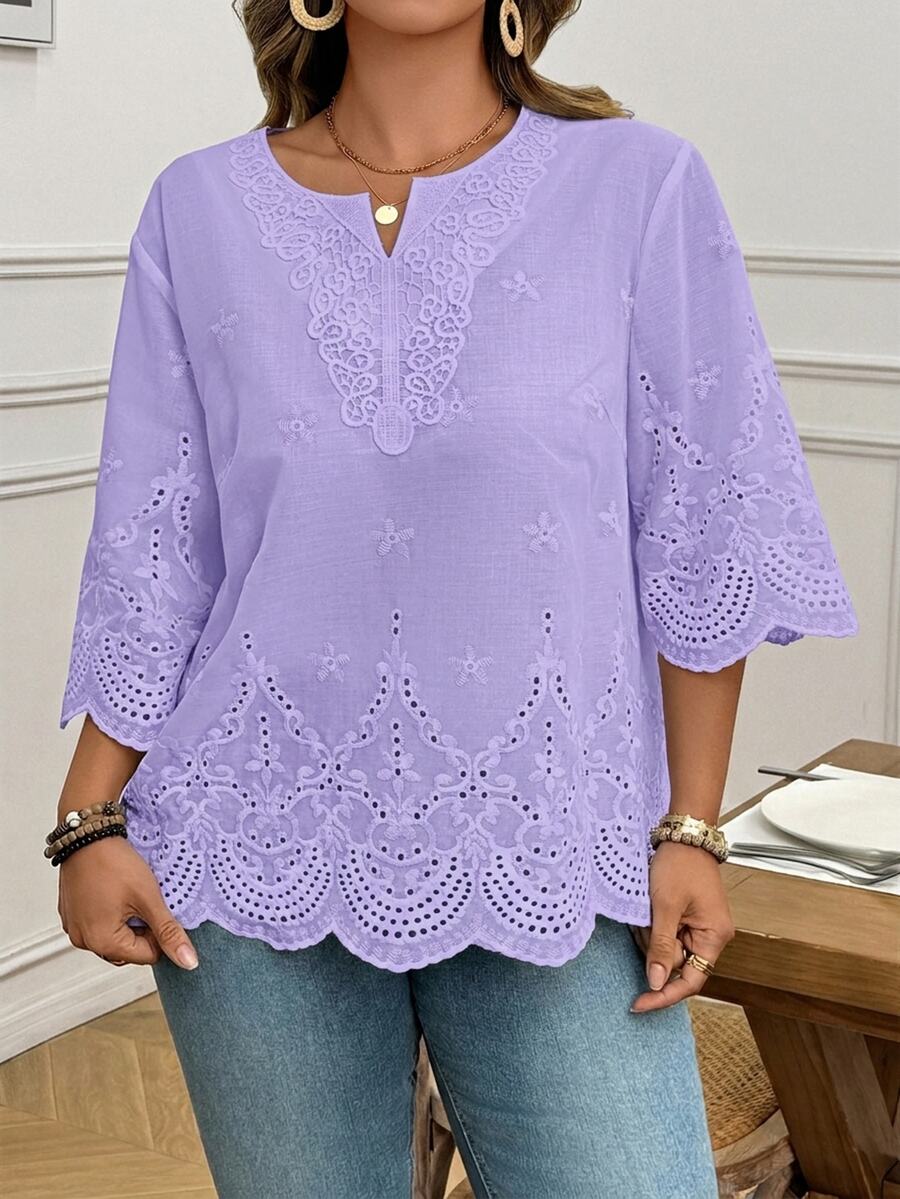 SHEIN LUNE 大尺碼女款燒花刺繡休閒百搭日常旅行襯衫 - 紫色 - 查看 1