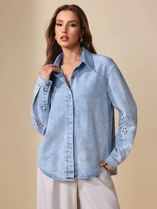 Selenza Women's Casual Elegant Embroidered Light Color Denim Top For Commute And Date - Light Wash - View 3