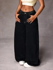 StreetHx Plus Size Casual Versatile Wide Leg Jeans - Black - View 3