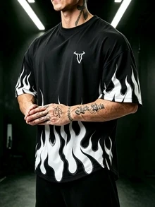 GymBeat 男士火焰印花短袖休閒健身運動T恤 - 黑色 - 查看 3