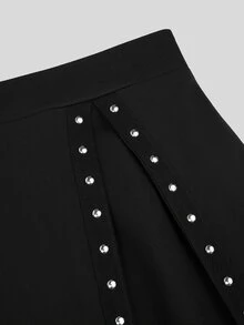 Sweetra Plus Size Punk Studded Patchwork Webbing A-Line Skirt - Black - View 6