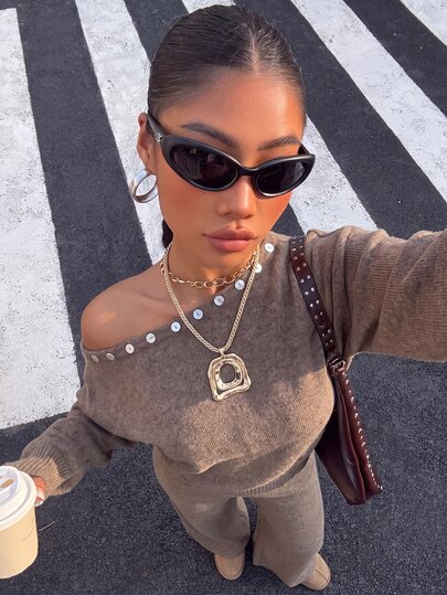 Muchica Dames Slouchy Oversized Geribbelde Taille Jumper Zachte Touch Trui En Flare Trui Broek 2-delige Set Co-Ord