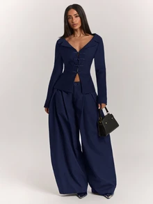 SHEIN BAE Women's Solid Color Casual Daily Wear Suit Pants - Navy Blue - View 3