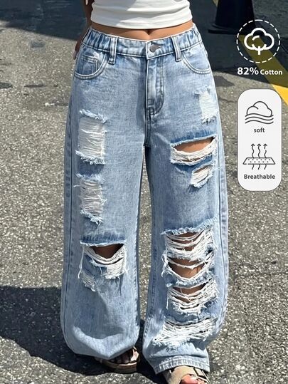 SHEIN Girls' Light Blue Distressed Loose Fit Denim Long Pants