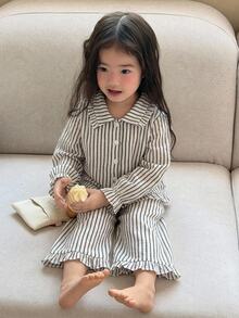DAZY 女嬰韓式條紋領襯衫與條紋寬鬆休閒長褲 2 件套居家服 - 黑與白 - 查看 1