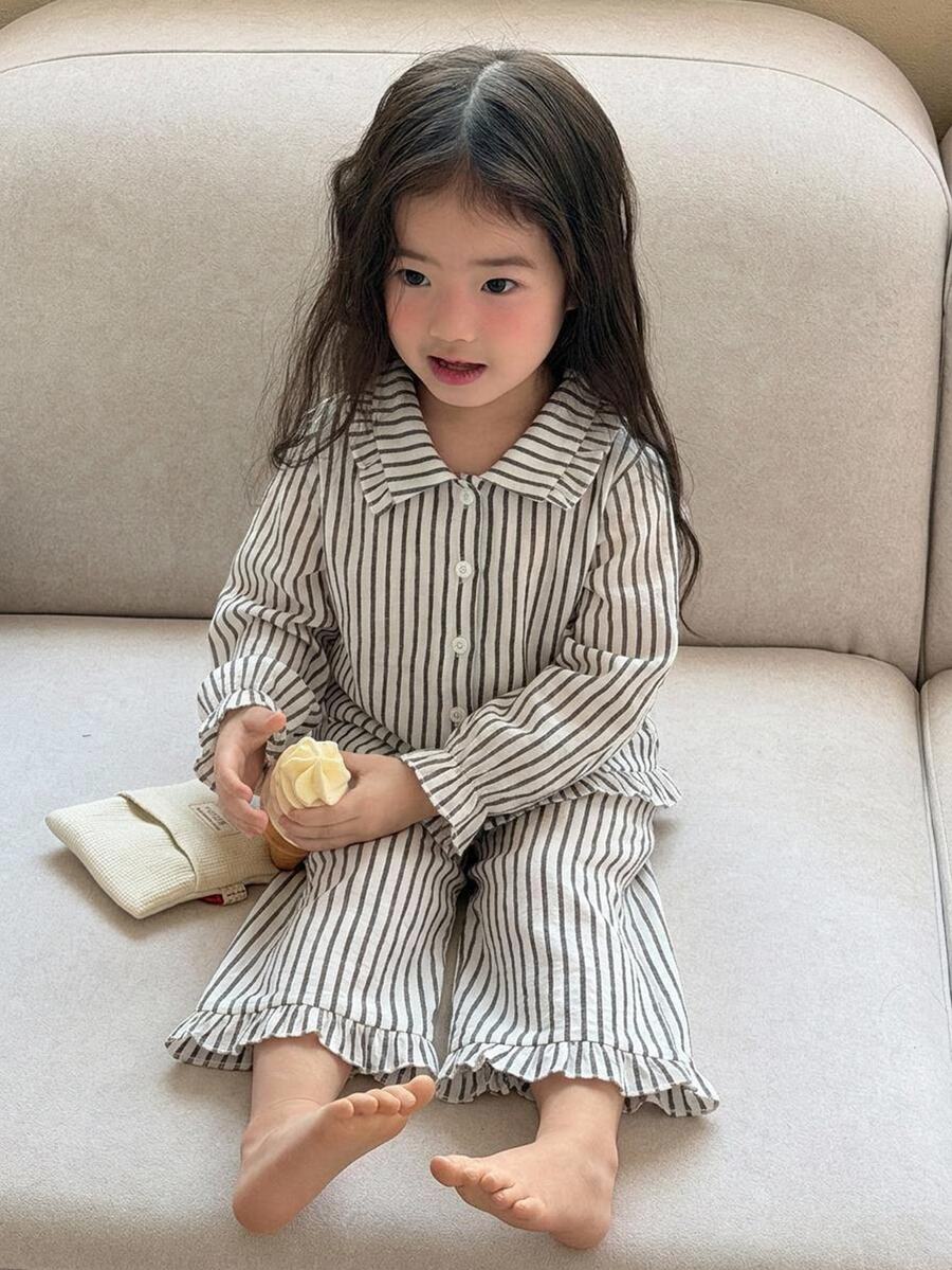 DAZY 女嬰韓式條紋領襯衫與條紋寬鬆休閒長褲 2 件套居家服 - 黑與白 - 查看 1