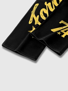 ROMWE MEN Street Life Men's Letter Print Drawstring Waist Sweatpants - Black - View 5
