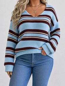 EMERY ROSE Lazy V-Neck Colorblock Striped Casual Versatile Knit Sweater Top - Multicolor - View 5