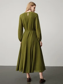 Aveloria Modichic Fall Olive Green Solid Chiffon Round Neck Long Sleeve Dress With Waist Belt Cinched Layered Ruffle Hem Elegant French Party Cocktail Brunch Dinner - Army Green - View 3