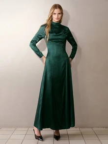 MOTF PREMIUM WOMEN'S STAND COLLAR JACQUARD WAIST-CINCHING LONG DRESS - Dark Green - View 6