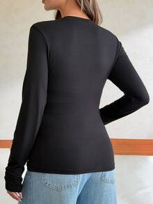 Dazy Maternity Solid Color Slim Fit Elastic Long Sleeve Crew Neck Casual Daily Holiday Spring Autumn Maternity T-Shirt - Black - View 2