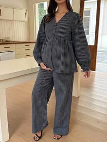 Dazy Maternity 時尚條紋套裝 寬鬆短袖上衣＋休閒長褲 日常穿著 孕婦 2件式套裝 - 黑色 - 查看 3