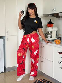 ZzzCrew BPJS5 Plus Size Pajama Set Milk Silk 140~160g Digital Print: One-Way, Positioned Cut - Black - View 6