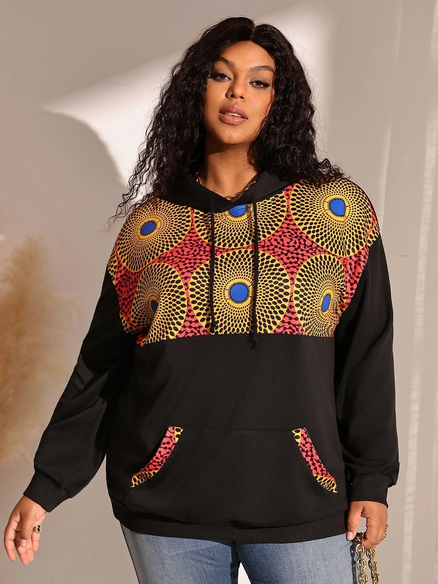 BrightlyHer Plus Size Colorblock Drawstring Pocket Hooded Long Sleeve Sweatshirt Casual Streetwear Fall Winter 2026 - Multicolor - View 1