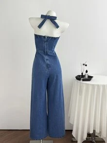 Elamini Festival Standard Size Women's Blue Non-Stretch Halter Neck Denim Jumpsuit - Medium Wash - View 2