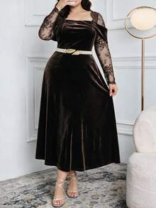 Modelyn Plus Size Elegant Party Lace Patchwork Dress - Coffee Brown - View 6