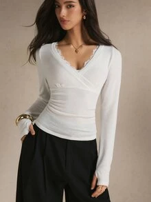 Poéselle Women's Elegant Solid Color Lace Trim T-Shirt, Autumn - White - View 3