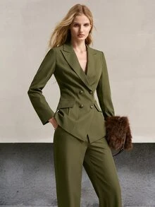 MOTF PREMIUM PEAK COLLAR DOUBLE BREASTED BLAZER - Green - View 7