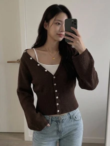 Livesso Cardigan Rajut Kabel Lengan Panjang Slim Fit Warna Cokelat Kopi untuk Wanita Musim Gugur/Dingin - Coffee Brown - View 5