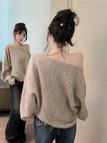 DAZY 秋冬女款優雅百搭圓領掛脖綁帶設計小眾寬鬆長袖針織衫 - 米色 - 查看 5