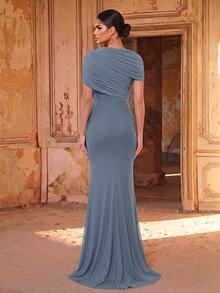 Aureia 優雅奢華平價雪紡披肩袖百褶魚尾伴娘禮服 - 霧霾藍 - 查看 2