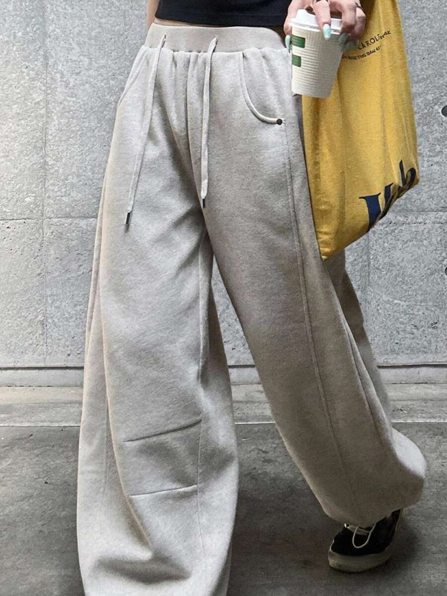 Dazy Plus Plus Size Women's Elastic Waist Curved Leg Loose Hem Joggers, Casual Baggy Sports Sweatpants, New Autumn/Winter Brunch Vacation Gray - Camel - View 1