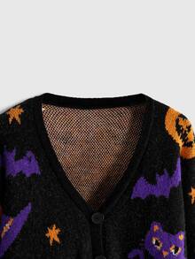 ROMWE Avant Women's Open Front Halloween Pumpkin & Skull Knit Cardigan - Black - View 3