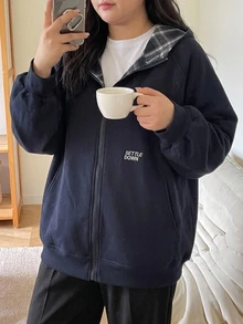Dazy Plus Thermal Lined Thick Hooded Colorblock Plaid Design Fun Commute Korean Style Loose Fit Spring Autumn New Jacket - Navy Blue - View 5