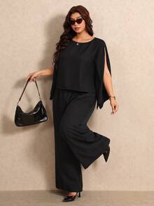 Elaquor Plus Size Solid Color Cape Sleeve Top Pants 2 Pieces Set Brunch Formal Party Black Autumn Elegant Office Business Work Fall/Winter - Black - View 4