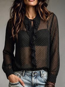 Trelyra Áo blouse nữ nửa xuyên thấu họa tiết chấm bi đen trắng phối bèo, phong cách gợi cảm đi chơi mùa thu - màu đen - Xem 1