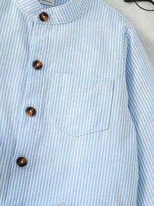 SHEIN 男孩 3-7 歲簡單休閒棉質條紋立領長袖襯衫，舒適柔軟面料，百搭風格，適合學校、外出、度假、派對等多種場合 - 藍色 - 查看 6