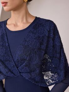 Graceveil Navy Blue Lace Twisted Shawl Style 2 In 1 Long Sleeve Evening Gown - Royal Blue - View 2