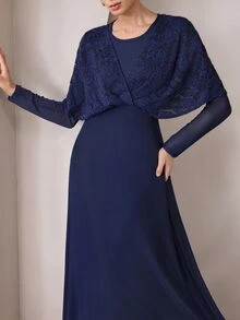 Graceveil Navy Blue Lace Twisted Shawl Style 2 In 1 Long Sleeve Evening Gown - Royal Blue - View 7