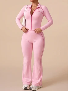 SHEIN Rhythm Era Set Olahraga Wanita Ukuran Besar Warna Pink, Potongan Ketat, Lengan Panjang Raglan, Garis Kontras, Belahan, Kerah Tegak, Jaket Resleting Penuh, Celana Flare, Gym Musim Gugur - Berwarna merah muda - View 1