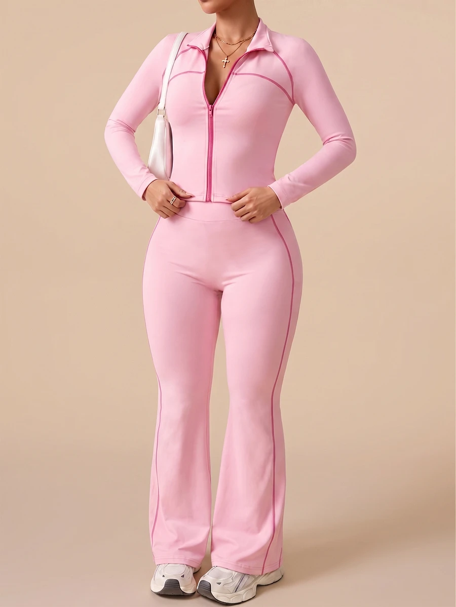 SHEIN Rhythm Era Set Olahraga Wanita Ukuran Besar Warna Pink, Potongan Ketat, Lengan Panjang Raglan, Garis Kontras, Belahan, Kerah Tegak, Jaket Resleting Penuh, Celana Flare, Gym Musim Gugur - Berwarna merah muda - View 1