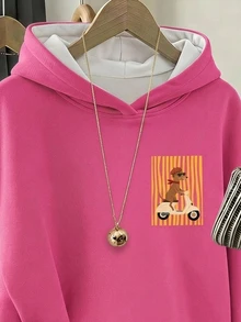 復古時尚臘腸狗與黃色條紋圖案，青少年女孩休閒極簡寬鬆舒適衛衣，秋冬日常、街頭、戶外、運動、校園、返校適用 - 彩色 - 查看 4