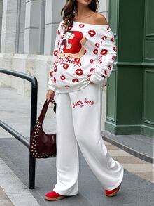 Lyckli Betty Boop x SHEIN Maternity Red Lips Cartoon Print Asymmetric Collar Sweatshirt & Sweatpants 2 Pieces Set Fall - White - View 6